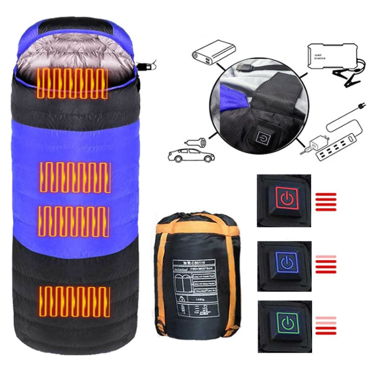 USB Electric Heating Down Cotton Sleeping Bag 3-speed Temperature Adjustment, (180+30)x75cm Blue, (180+30)x75cm Orange