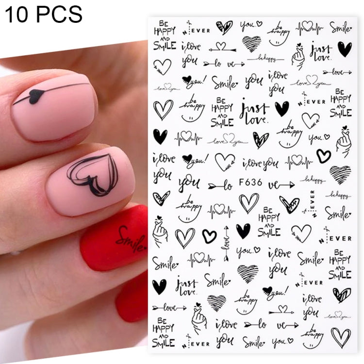 10 PCS Cartoon Heart Letters Comic Character Nail Art Sticker 3D Adhesive Nail Stickers, F106, F636, F637, F638, F639, F640