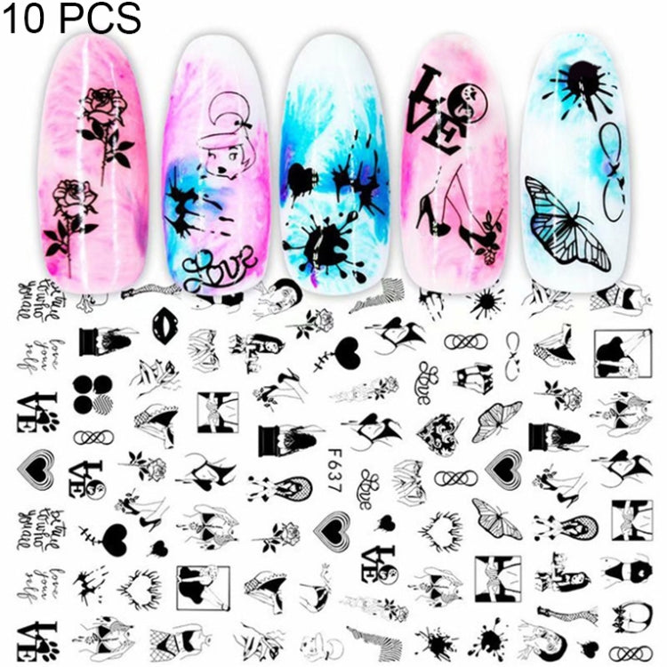 10 PCS Cartoon Heart Letters Comic Character Nail Art Sticker 3D Adhesive Nail Stickers, F106, F636, F637, F638, F639, F640