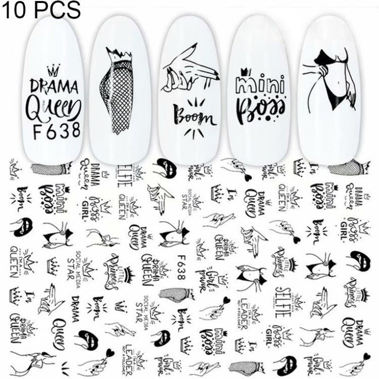 10 PCS Cartoon Heart Letters Comic Character Nail Art Sticker 3D Adhesive Nail Stickers, F106, F636, F637, F638, F639, F640