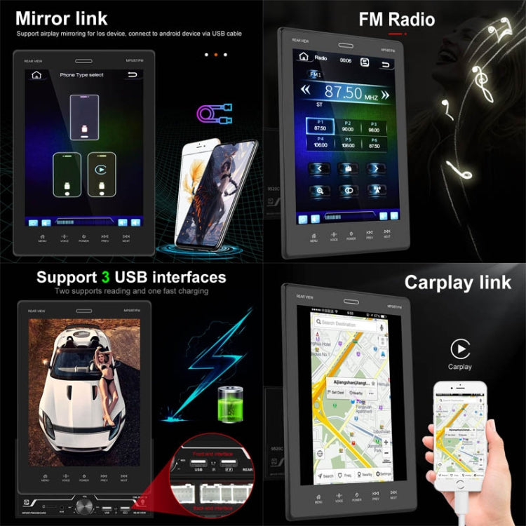 9520C Double Spindle 9.5 Inch Vertical Screen Car MP5 Player, Style:, Standard, Standard+4 Light Camera, Standard+8 Light Camera, Standard+12 Light Camera, Standard+AHD Light Camera