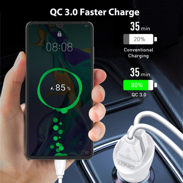 LDNIO C511Q 36W QC 3.0 Phone Fast Charger Dual-USB Ports Smart Car Charger, with Micro USB Cable, with 8 Pin Cable, with USB-C/Type-C Cable
