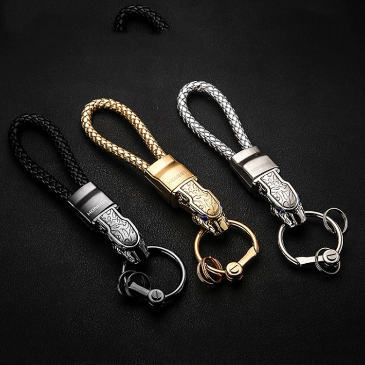 HONEST Diamond Encrusted Car Keychain Leather Cord Leopard Metal Keychain Pendant, Leather Rope Basic Gold