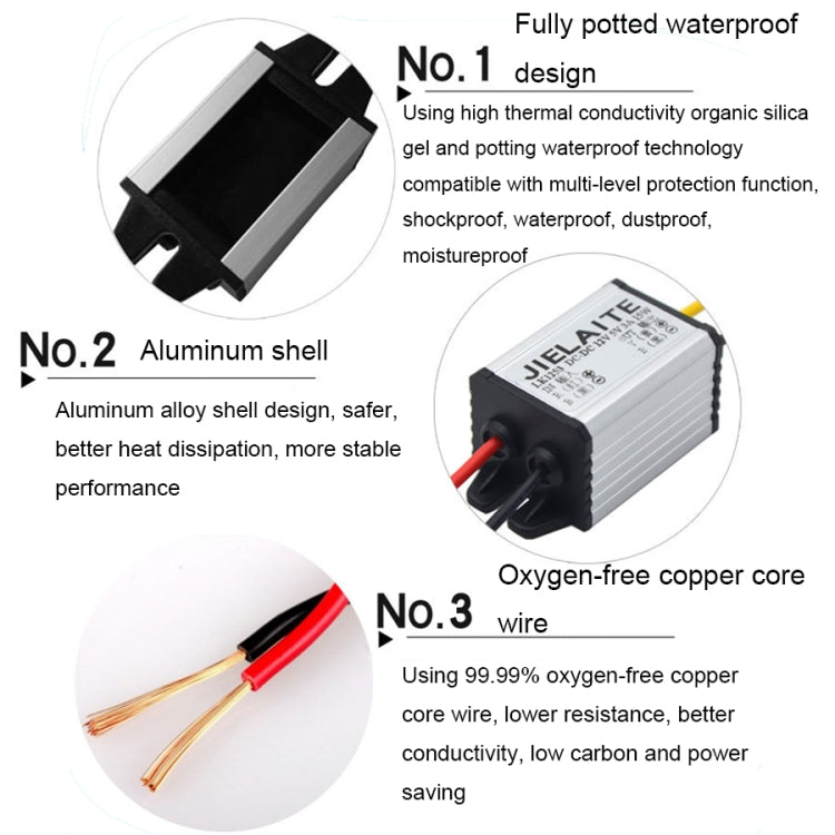 JIELAITE LK1253 15W Aluminum Alloy Intelligent Protection Waterproof Car Power Converter, 12V to 3V/3A, 12V to 3.3V/3A, 12V to 3.7V/3A, 12V to 4.2V/3A, 12V to 5V/3A, 12V to 6V/3A, 12V to 7.5V/3A, 12V to 9V/2A