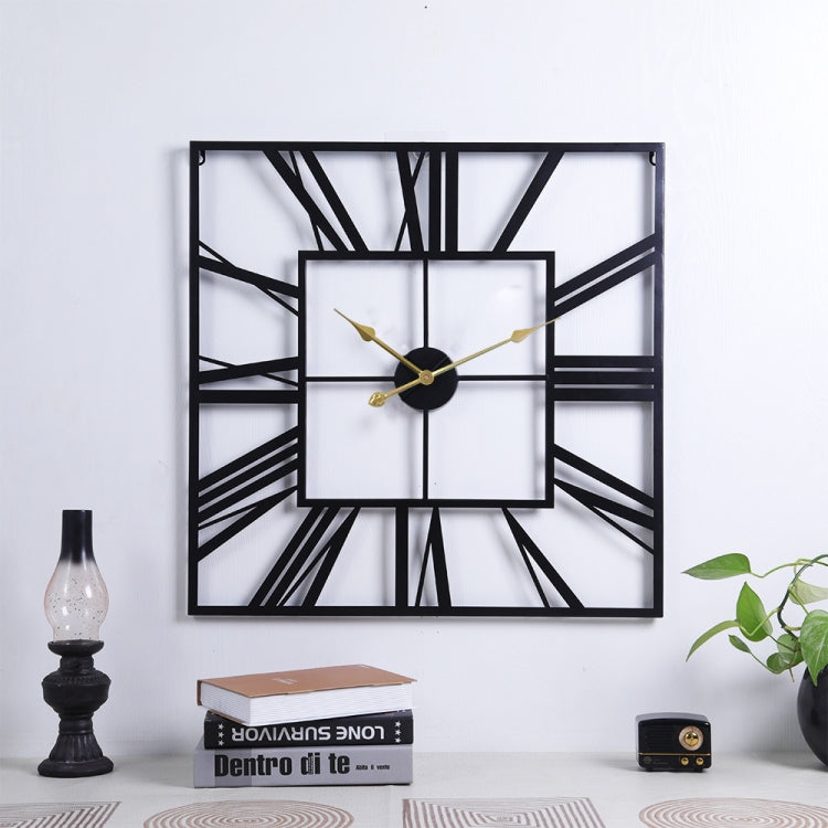 2053 58cm Vintage Living Room Wrought Iron Square Roman Metal Wall Clock, Black+Gold Needle, Black+Black Needle, Gold+Gold Needle