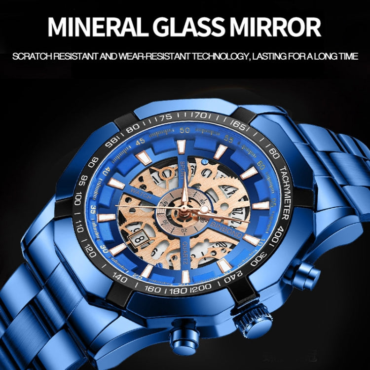 BINBOND S033 Hollowed Mechanical 30m Waterproof Luminous Quartz Watch, Black Steel-Black-White, Black Steel-Black-Gold, Black Steel-Black-Rose Gold, Full Gold-Black-Gold, Black Steel-Rose Gold-Black, Blue Steel-Blue, White Steel-Black, White Steel-White