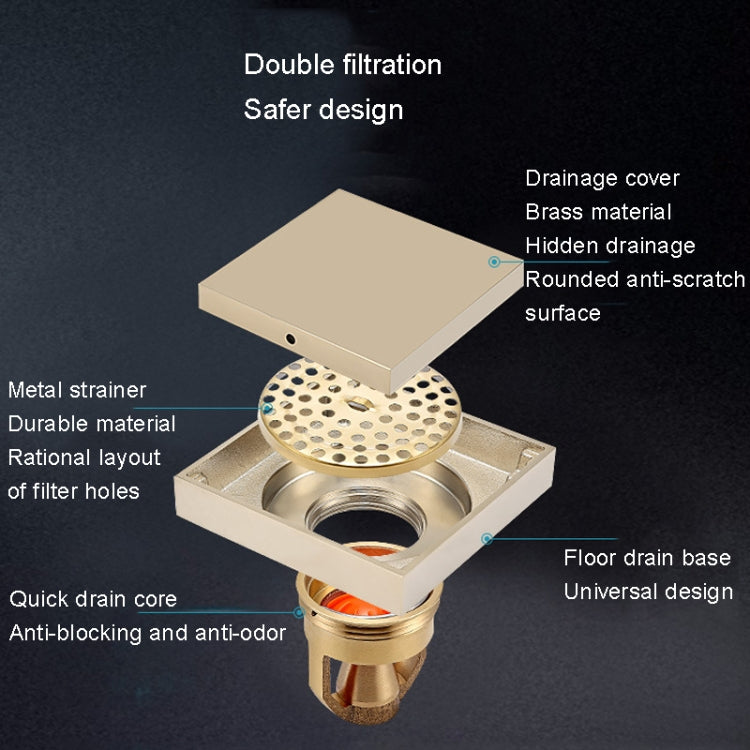 Bathroom Large Displacement Anti-odor Floor Drain, Style:, K8011 Gold+Black Straight Row, K8011 Gold+Magnetic Suspension, K8012 Chrome Plated+Black Straight Row, K8012 Chrome Plated+Magnetic Suspension, K8014 Nickel Brushes+Black Straight Row          ...
