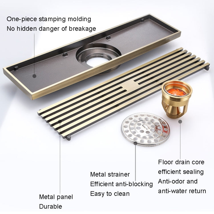 8x30cm Extended Full Copper Strip Floor Drain, Style:, K8034 Chrome Plated+Black Straight Row, K8034 Chrome Plated+Copper Self Seal, K8034 Chrome Plated+5.5 Deep Water Seal, K8034 Chrome Plated+Magnetic Suspension, K8035 Nickel Brushes+Black Straight R...