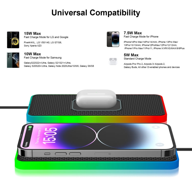 2 In 1 15W Car Mobile Phone Wireless Charger Non-slip Mat with Colorful Light, USB Cable 1m, USB-C/Type-C Cable 1m, USB Cable 0.3m, USB-C/Type-C Cable 0.3m