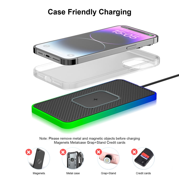 2 In 1 15W Car Mobile Phone Wireless Charger Non-slip Mat with Colorful Light, USB Cable 1m, USB-C/Type-C Cable 1m, USB Cable 0.3m, USB-C/Type-C Cable 0.3m