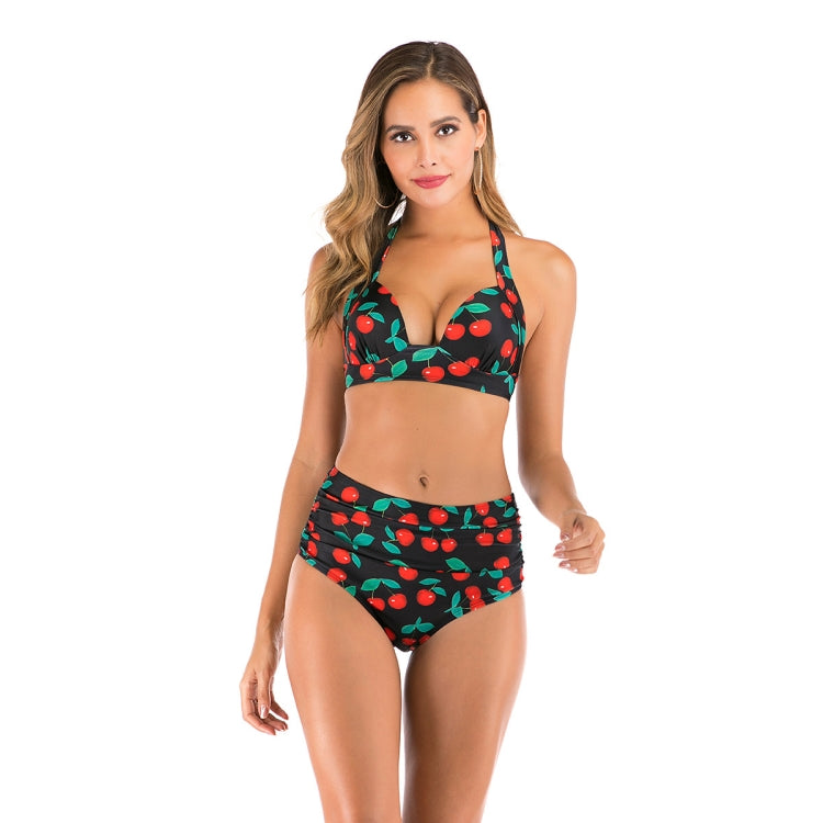 Lace-Up Halter Backless High-Waisted Swimsuit Split Printed Bikini Swimsuit, S, M, L