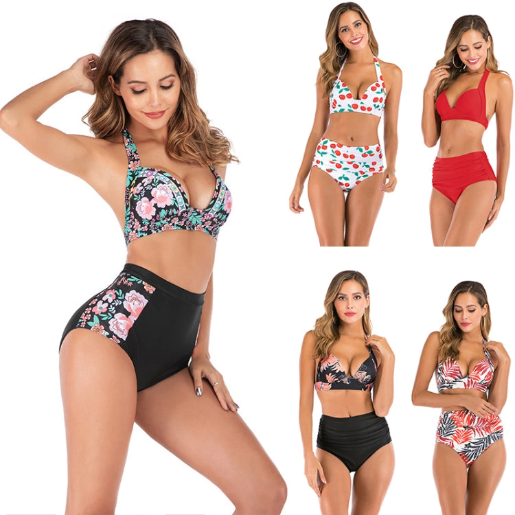 Lace-Up Halter Backless High-Waisted Swimsuit Split Printed Bikini Swimsuit, XL, XXL, XXXL