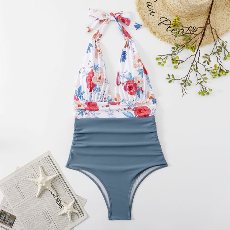 Summer One-piece Backless Lace-Up Ladies Swimsuit Floral-print Halter Bikini, S, M, L