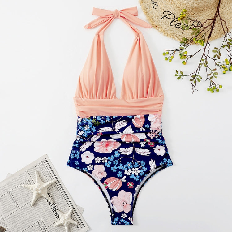 Summer One-piece Backless Lace-Up Ladies Swimsuit Floral-print Halter Bikini, S, M, L