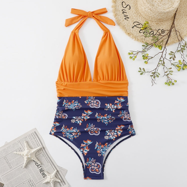 Summer One-piece Backless Lace-Up Ladies Swimsuit Floral-print Halter Bikini, S, M, L