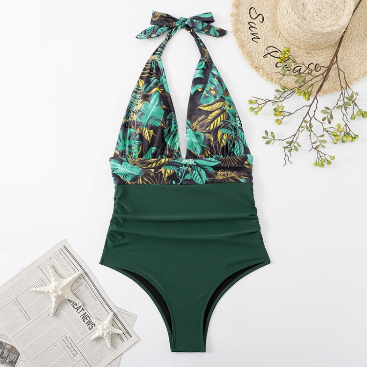 Summer One-piece Backless Lace-Up Ladies Swimsuit Floral-print Halter Bikini, S, M, L