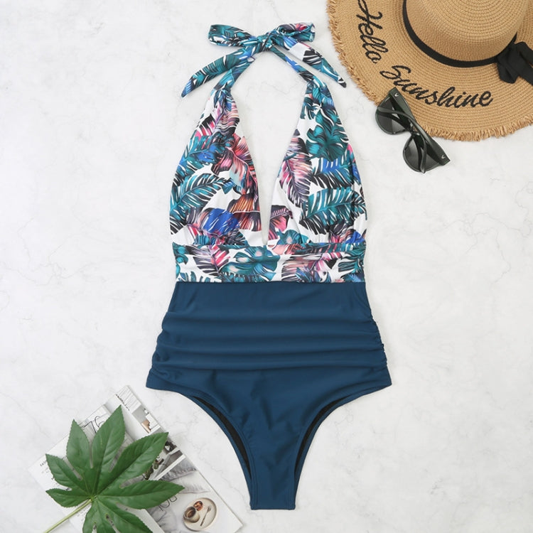 Summer One-piece Backless Lace-Up Ladies Swimsuit Floral-print Halter Bikini, S, M, L