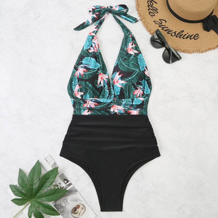 Summer One-piece Backless Lace-Up Ladies Swimsuit Floral-print Halter Bikini, S, M, L