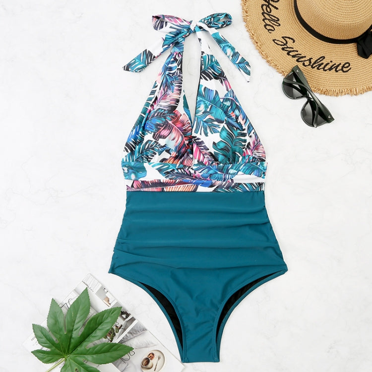 Summer One-piece Backless Lace-Up Ladies Swimsuit Floral-print Halter Bikini, XL