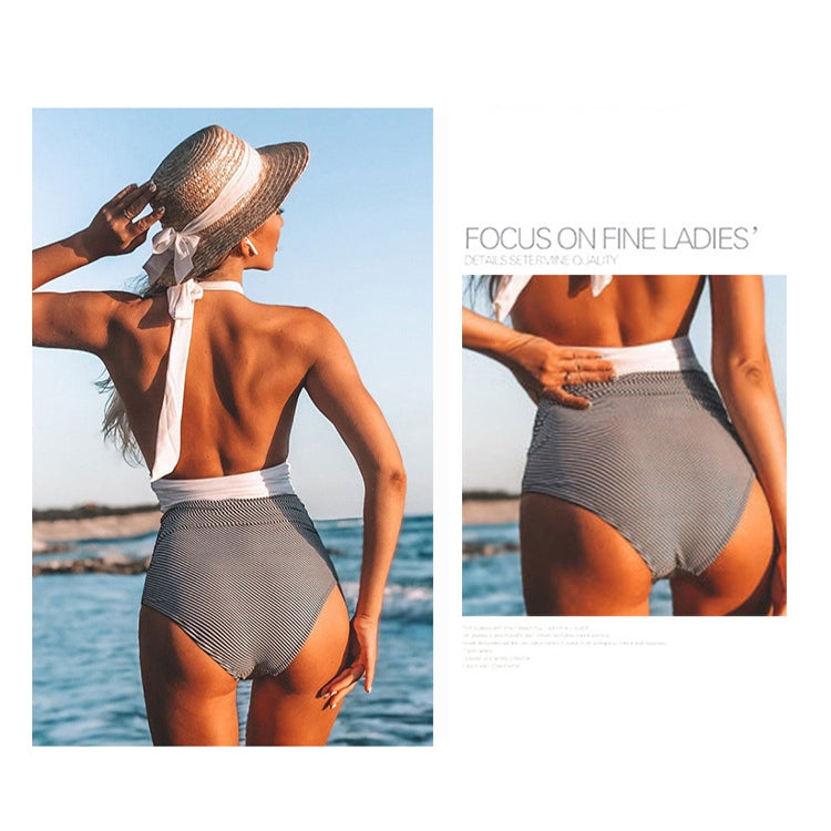 Summer One-piece Backless Lace-Up Ladies Swimsuit Floral-print Halter Bikini, XL