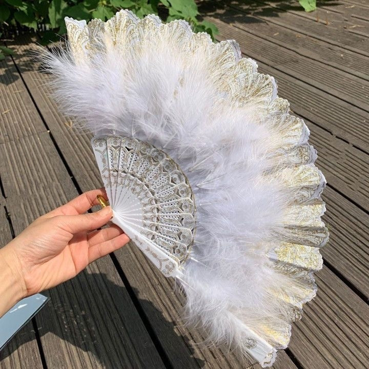 Vintage Style Flapper Hand Fan Embroidered Flower Marabou Feather Fan