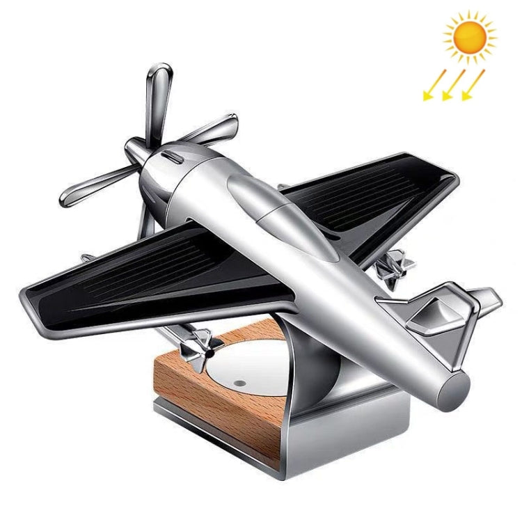 Solar Car Airplane Ornament Solid Aroma Diffuser Car Rotating Decoration Items, Wooden Base (Silver)