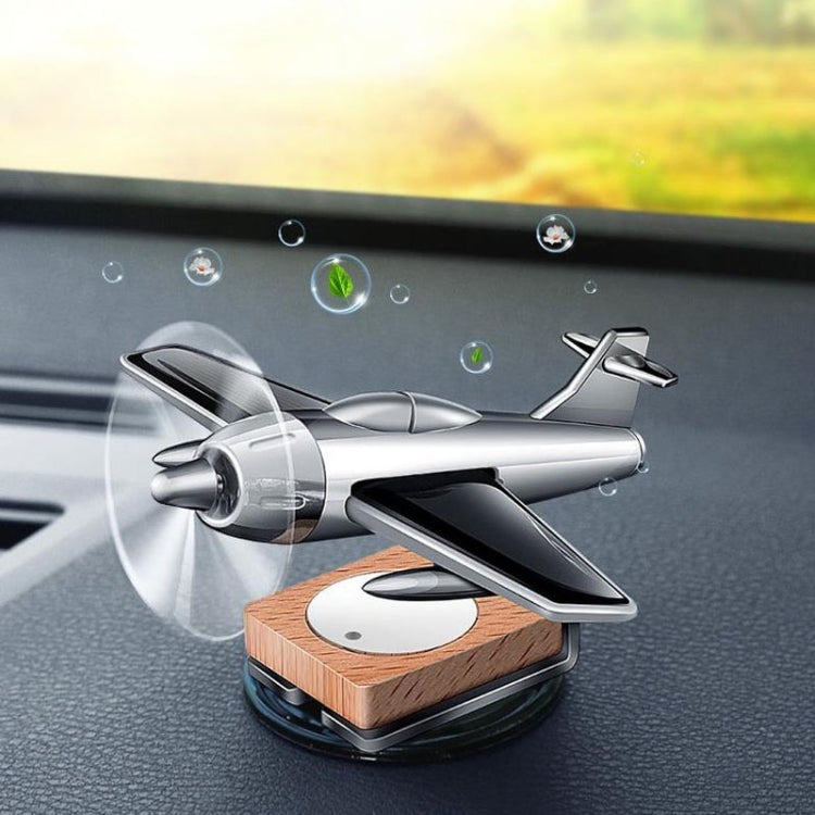 Solar Car Airplane Ornament Solid Aroma Diffuser Car Rotating Decoration Items, Wooden Base (Silver)