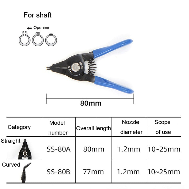 10-25mm Compact Spring-Loaded Pliers Retaining Ring Pliers, HSD SS-80A Outer For Shaft Straight, HSD SS-80B Outer For Shaft Curved, HSD SB-80A Internal For Hole Straight, HSD SB-80B Internal For Hole Curved