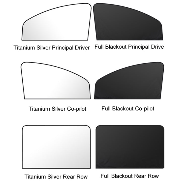 Heat-insulating Opaque Vinyl Coated Magnetic Car Curtains, Full Blackout Principal Drive, Full Blackout Co-pilot, Full Blackout Rear Row, Titanium Silver Principal Driver, Titanium Silver Co-pilot, Titanium Silver Rear Row