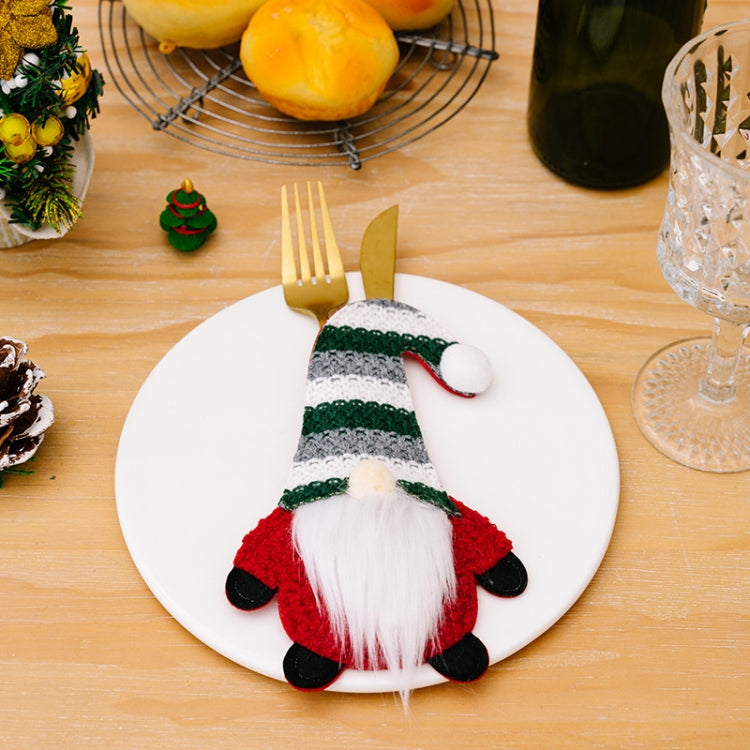 Christmas Table Decoration Cartoon Knitted Striped Knife and Fork Cover, Red, Green, Gray