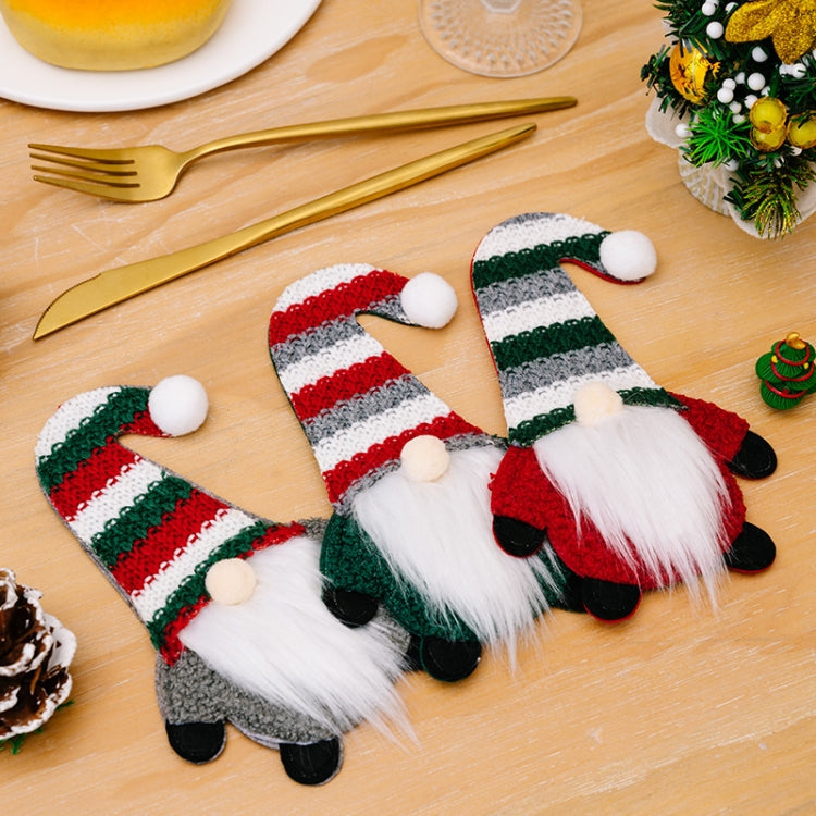 Christmas Table Decoration Cartoon Knitted Striped Knife and Fork Cover, Red, Green, Gray