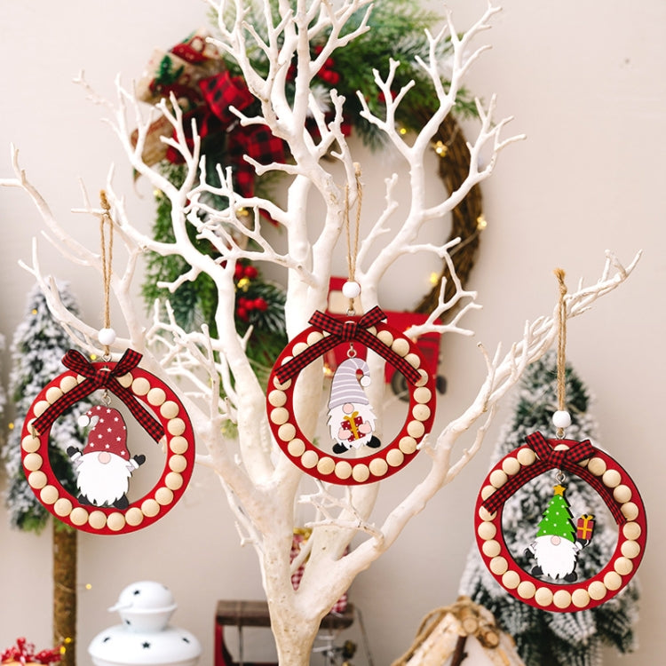 Wooden Wreath Christmas Tree Pendant Round Beaded Christmas Decoration Supplies, Red, Green, Gray