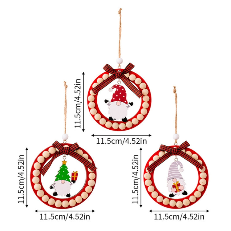 Wooden Wreath Christmas Tree Pendant Round Beaded Christmas Decoration Supplies, Red, Green, Gray