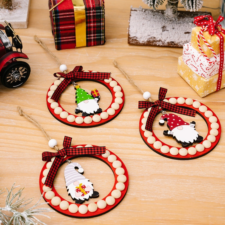 Wooden Wreath Christmas Tree Pendant Round Beaded Christmas Decoration Supplies, Red, Green, Gray