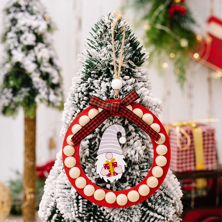 Wooden Wreath Christmas Tree Pendant Round Beaded Christmas Decoration Supplies, Red, Green, Gray