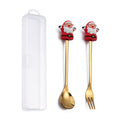 2pcs /Pack Christmas Dessert Fork And Spoon Set Portable Cute Cartoon Tableware, Santa Claus Golden, Christmas Elk Golden, Christmas Snowman Golden, Christmas Small Tree Golden, Christmas Round Tree Golden, Christmas Socks Golden, Christmas Hat Golden ...