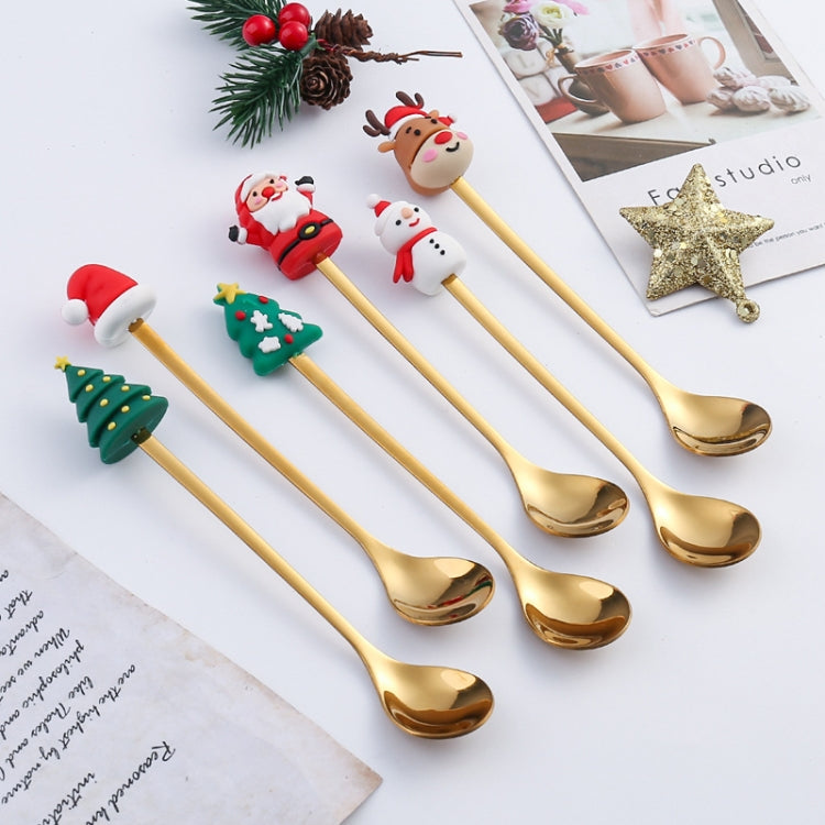 2pcs /Pack Christmas Dessert Fork And Spoon Set Portable Cute Cartoon Tableware, Santa Claus Golden, Christmas Elk Golden, Christmas Snowman Golden, Christmas Small Tree Golden, Christmas Round Tree Golden, Christmas Socks Golden, Christmas Hat Golden ...