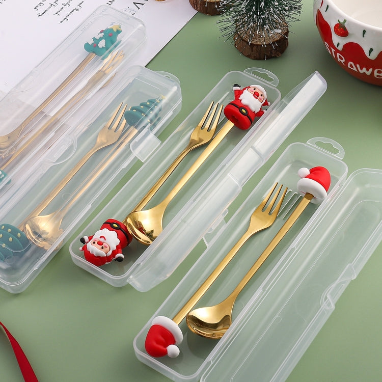 2pcs /Pack Christmas Dessert Fork And Spoon Set Portable Cute Cartoon Tableware, Santa Claus Golden, Christmas Elk Golden, Christmas Snowman Golden, Christmas Small Tree Golden, Christmas Round Tree Golden, Christmas Socks Golden, Christmas Hat Golden ...