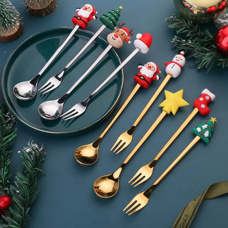 2pcs /Pack Christmas Dessert Fork And Spoon Set Portable Cute Cartoon Tableware, Santa Claus Golden, Christmas Elk Golden, Christmas Snowman Golden, Christmas Small Tree Golden, Christmas Round Tree Golden, Christmas Socks Golden, Christmas Hat Golden ...