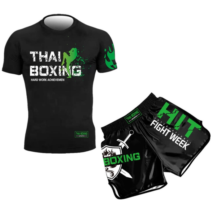ZhuoAo Boxing Costumes Kids Sparring Fighting Shorts Muay Thai Free Fighting Tights Set, HIT Green, HIT Red, Bright Spot Green, Silvery Dragon Black, Yellow Waist Belt, FIGHT Red Blue