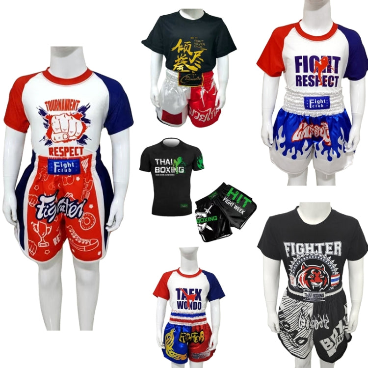 ZhuoAo Boxing Costumes Kids Sparring Fighting Shorts Muay Thai Free Fighting Tights Set, HIT Green, HIT Red, Bright Spot Green, Silvery Dragon Black, Yellow Waist Belt, FIGHT Red Blue