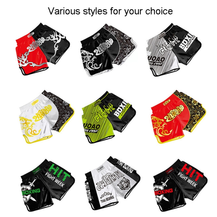 ZhuoAo Boxing Costumes Kids Sparring Fighting Shorts Muay Thai Free Fighting Tights Set, HIT Green, HIT Red, Bright Spot Green, Silvery Dragon Black, Yellow Waist Belt, FIGHT Red Blue