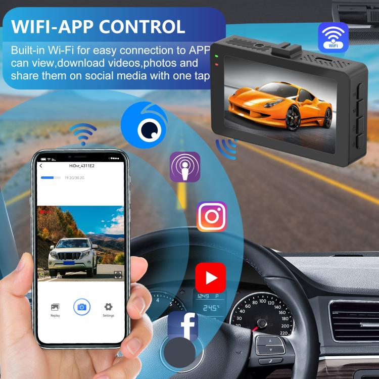 3-Inch Dual-Lens Front 4K + Rear 2K HD WiFi Connected Driving Recorder, A5