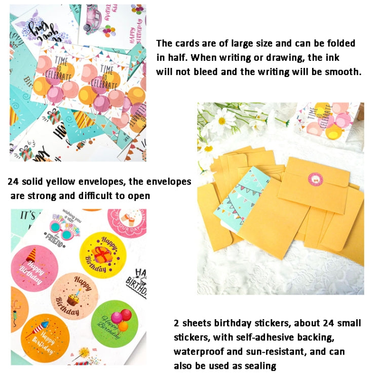 24pcs /Set Happy Birthday Greeting Card With Envelopes And Stickers Set, 24pcs /Set