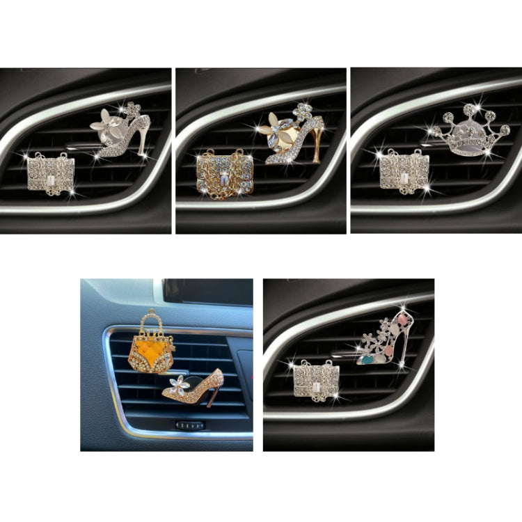 2pcs/Set Car Air Outlet Diamond-Encrusted Decoration Aromatherapy Clip, High Heels+Bag, Golden Bag+Gold High Heels, Bag+ Crown, Bag+Color High Heels