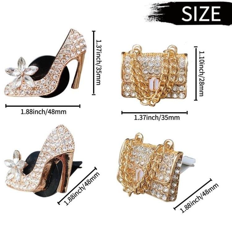 2pcs/Set Car Air Outlet Diamond-Encrusted Decoration Aromatherapy Clip, High Heels+Bag, Golden Bag+Gold High Heels, Bag+ Crown, Bag+Color High Heels