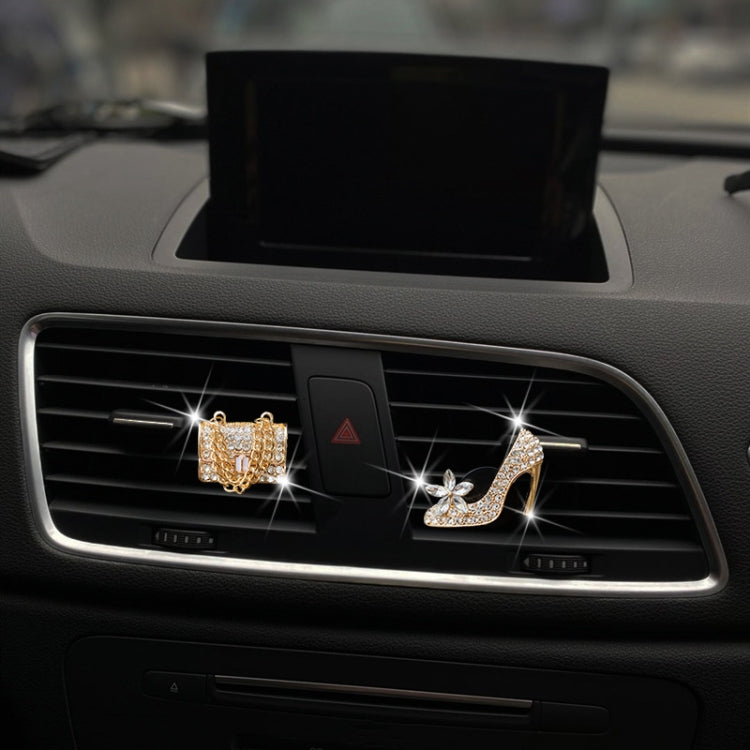 2pcs/Set Car Air Outlet Diamond-Encrusted Decoration Aromatherapy Clip, High Heels+Bag, Golden Bag+Gold High Heels, Bag+ Crown, Bag+Color High Heels