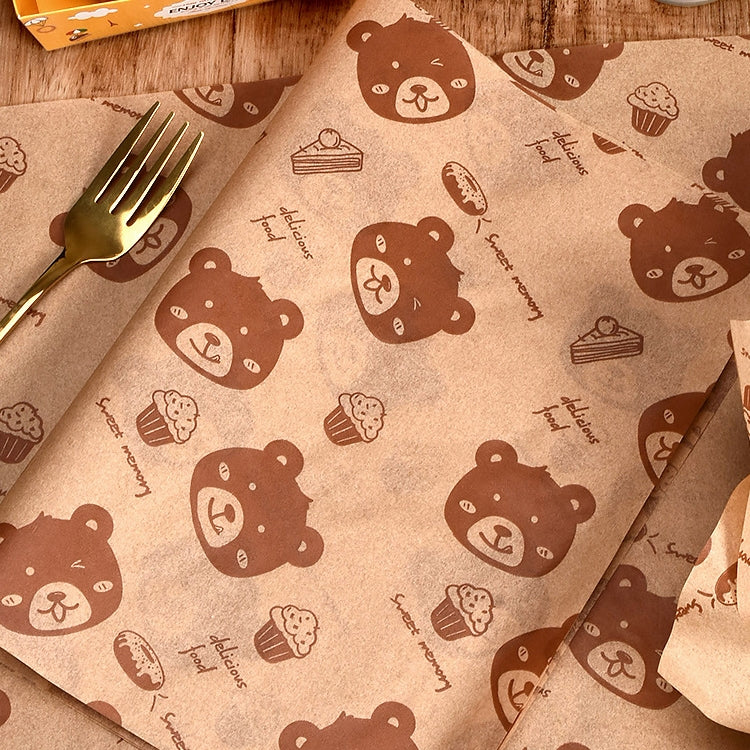 100sheets /Pack Bear Pattern Greaseproof Paper Baking Wrapping Paper Food Basket Liners Paper, 15x15cm, 18x18cm, 20x20cm, 22x22cm, 25x25cm, 20x30cm, 30x30cm, 30x40cm