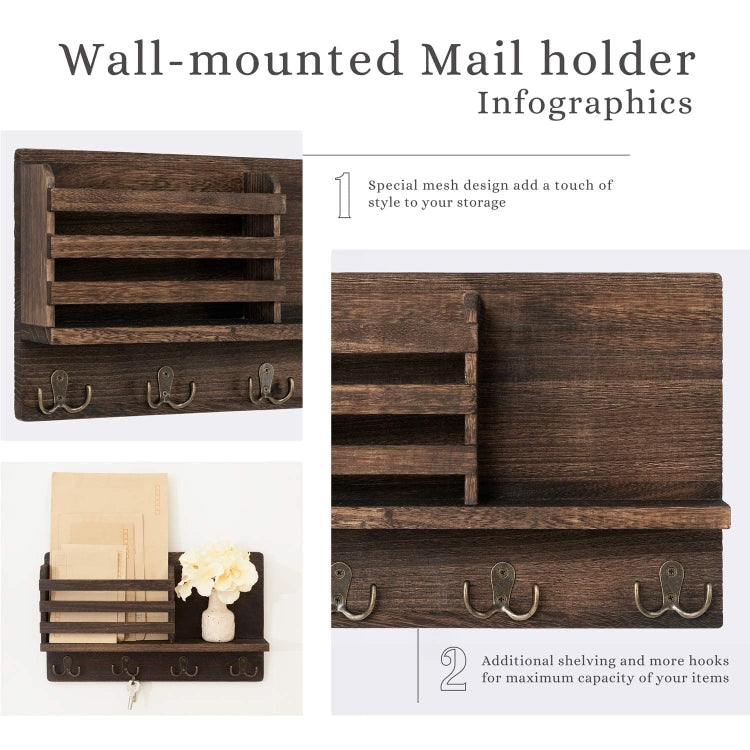 Solid Wood Wall-Mounted Retro Storage Rack Shelf Entryway Mail And Key Holder, 39x23x7.8cm
