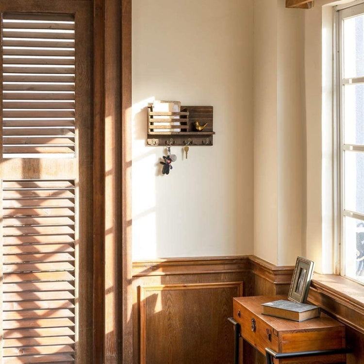 Solid Wood Wall-Mounted Retro Storage Rack Shelf Entryway Mail And Key Holder, 39x23x7.8cm